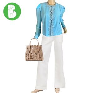 VINTAGE 1980'S BOSTON MAID BLUE KNIT CARDIGAN TOP WITH LACE EMBROIDERY (12)